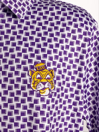 LSU Tigers men's Retro Mike Head checkered polo shirt by Arena Graffiti, featuring a bold team logo and classic design.
