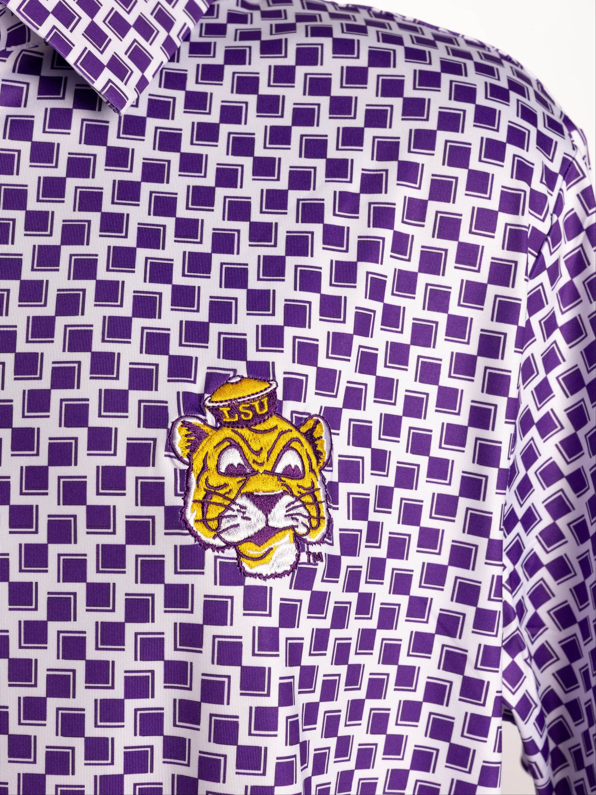 LSU Tigers men's Retro Mike Head checkered polo shirt by Arena Graffiti, featuring a bold team logo and classic design.