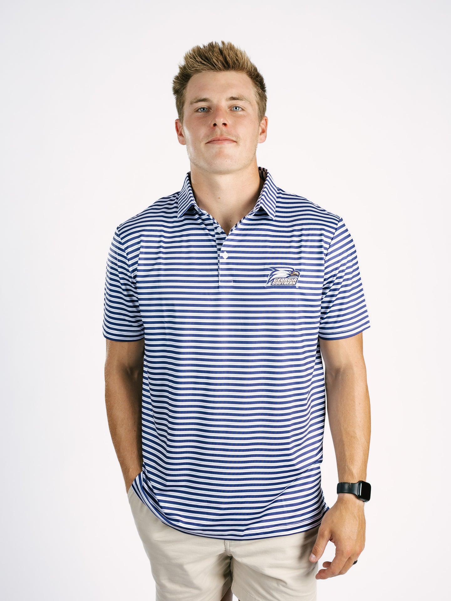 Georgia Southern men's striped polo shirt by Arena Graffiti featuring a classic collar and eagle logo design.