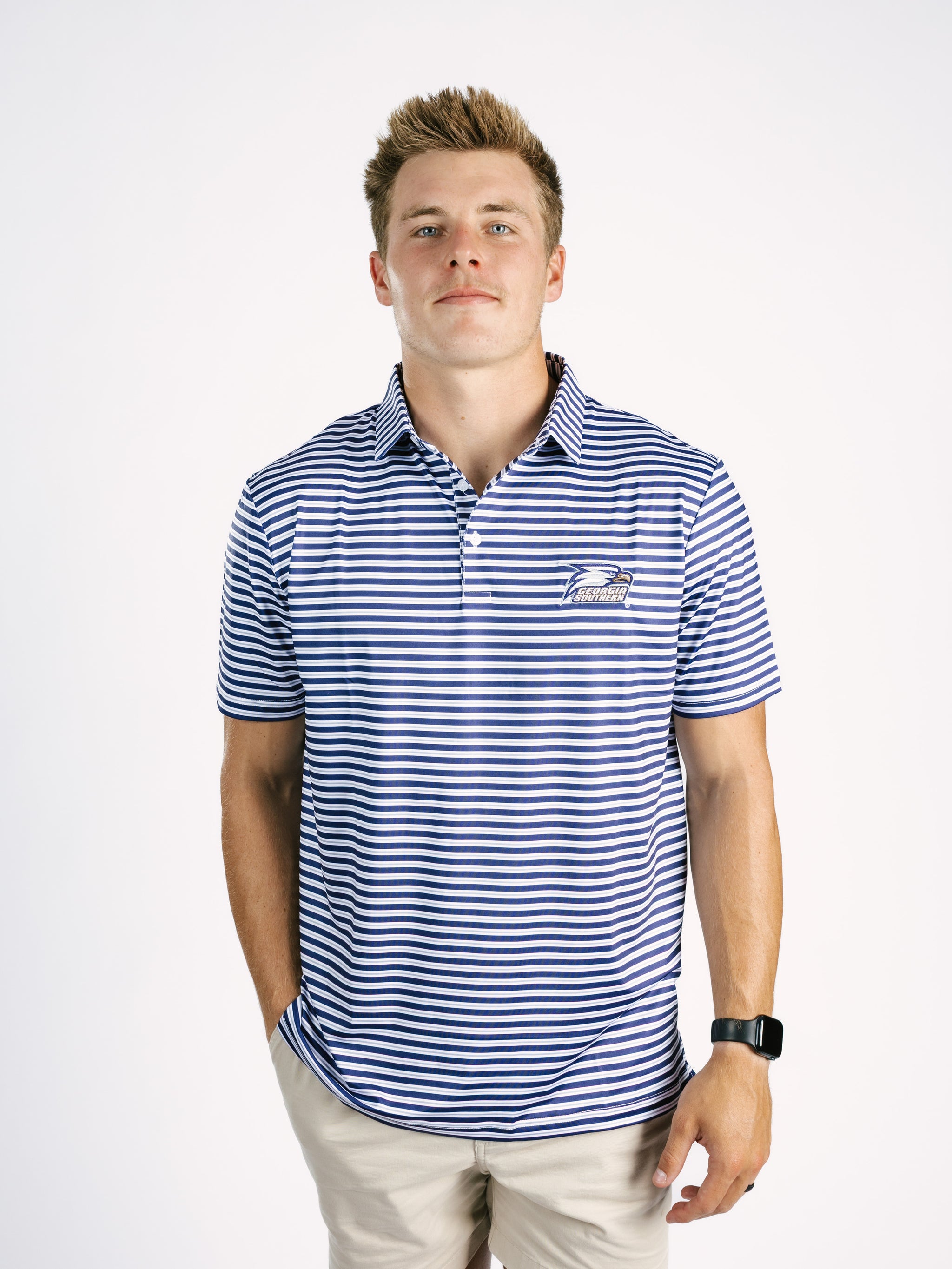 Georgia Southern men's striped polo shirt by Arena Graffiti featuring a classic collar and eagle logo design.