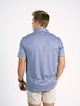 Georgia Southern men's polo shirt with navy and white stripes, branded Arena Graffiti, featuring a classic collar and eagle emblem.