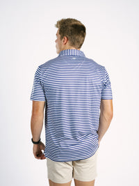 Georgia Southern men's polo shirt with navy and white stripes, branded Arena Graffiti, featuring a classic collar and eagle emblem.