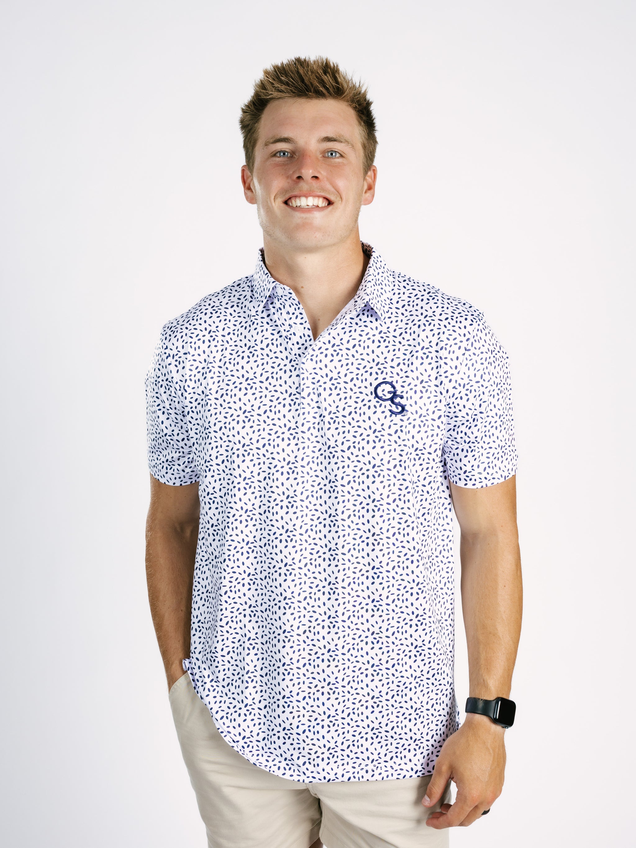 Georgia Southern men's GS Splatter polo shirt by Arena Graffiti, featuring a colorful splatter design and classic polo style.