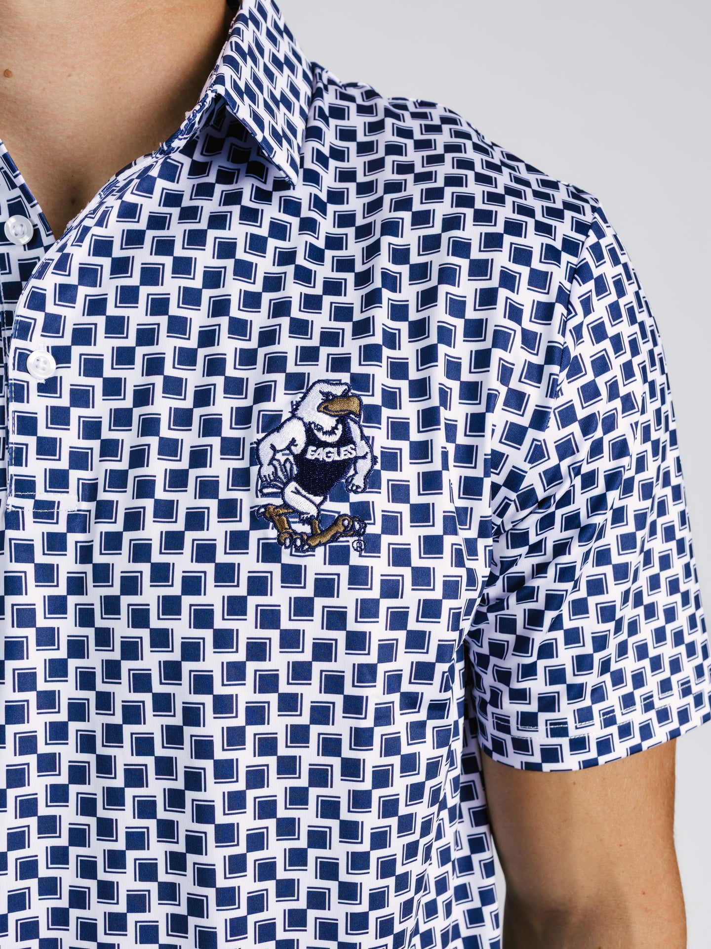 Georgia Southern men's checkered Strutter polo shirt by Arena Graffiti, featuring a classic checkered pattern and comfortable fit.