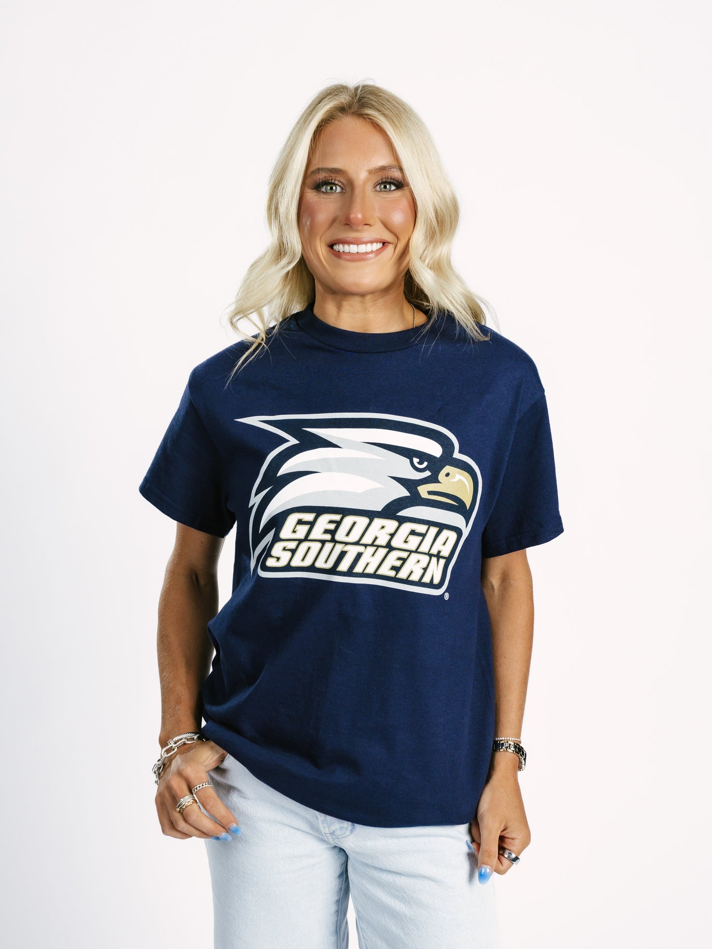 Navy Georgia Southern men's T-shirt with "Eagle Head" graphic by Arena Graffiti, made of soft cotton fabric.