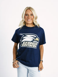 Navy Georgia Southern men's T-shirt with "Eagle Head" graphic by Arena Graffiti, made of soft cotton fabric.