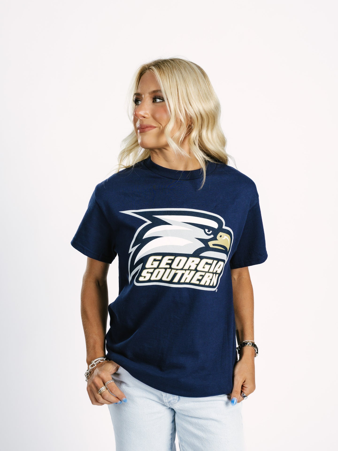 Navy Georgia Southern men's T-shirt with eagle head graphic by Arena Graffiti, casual fit, front view.