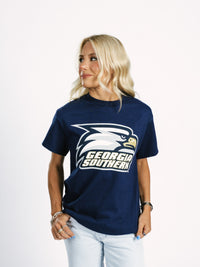 Navy Georgia Southern men's T-shirt with eagle head graphic by Arena Graffiti, casual fit, front view.