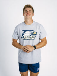Gray Georgia Southern men's T-shirt featuring a bold eagle head graphic by Arena Graffiti, casual and comfortable apparel.