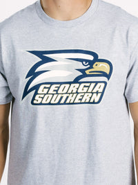 Gray Georgia Southern men's T-shirt featuring a bold eagle head graphic by Arena Graffiti, casual and comfortable athletic apparel.