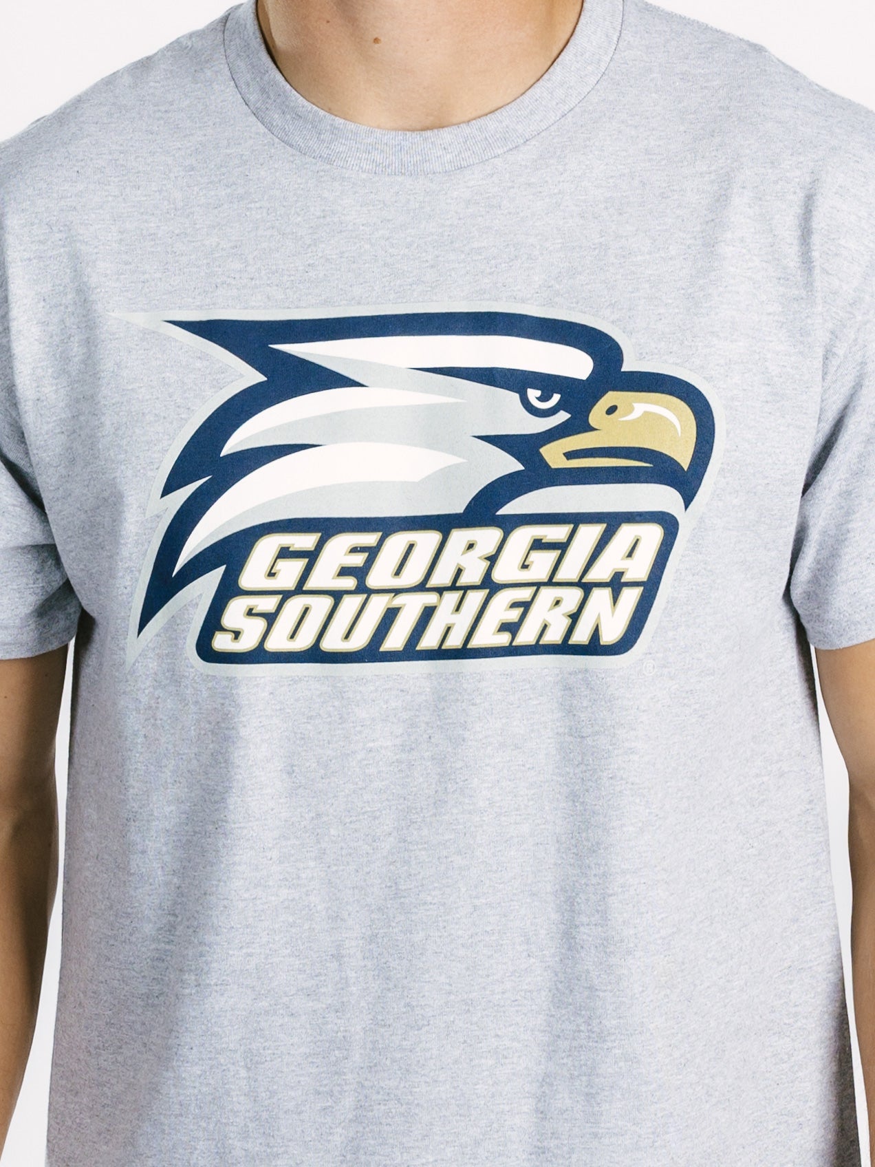 Gray Georgia Southern men's T-shirt featuring a bold eagle head graphic by Arena Graffiti, casual and comfortable athletic apparel.