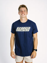 Navy Georgia Southern men's T-shirt by Arena Graffiti featuring team logo and text on front, casual sportswear style.