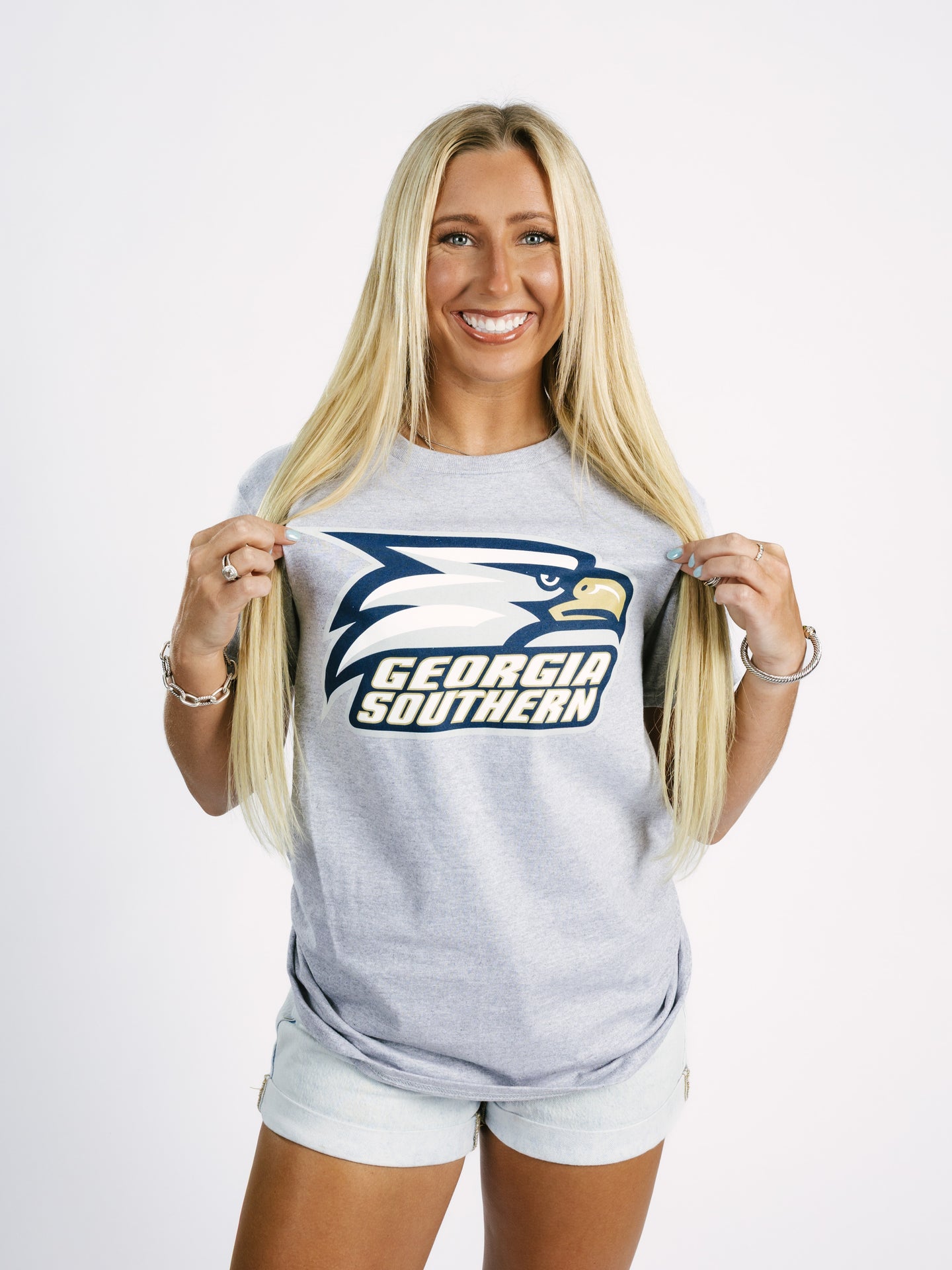 Grey Georgia Southern men's T-shirt featuring a bold eagle head graphic by Arena Graffiti, casual and stylish for fans.