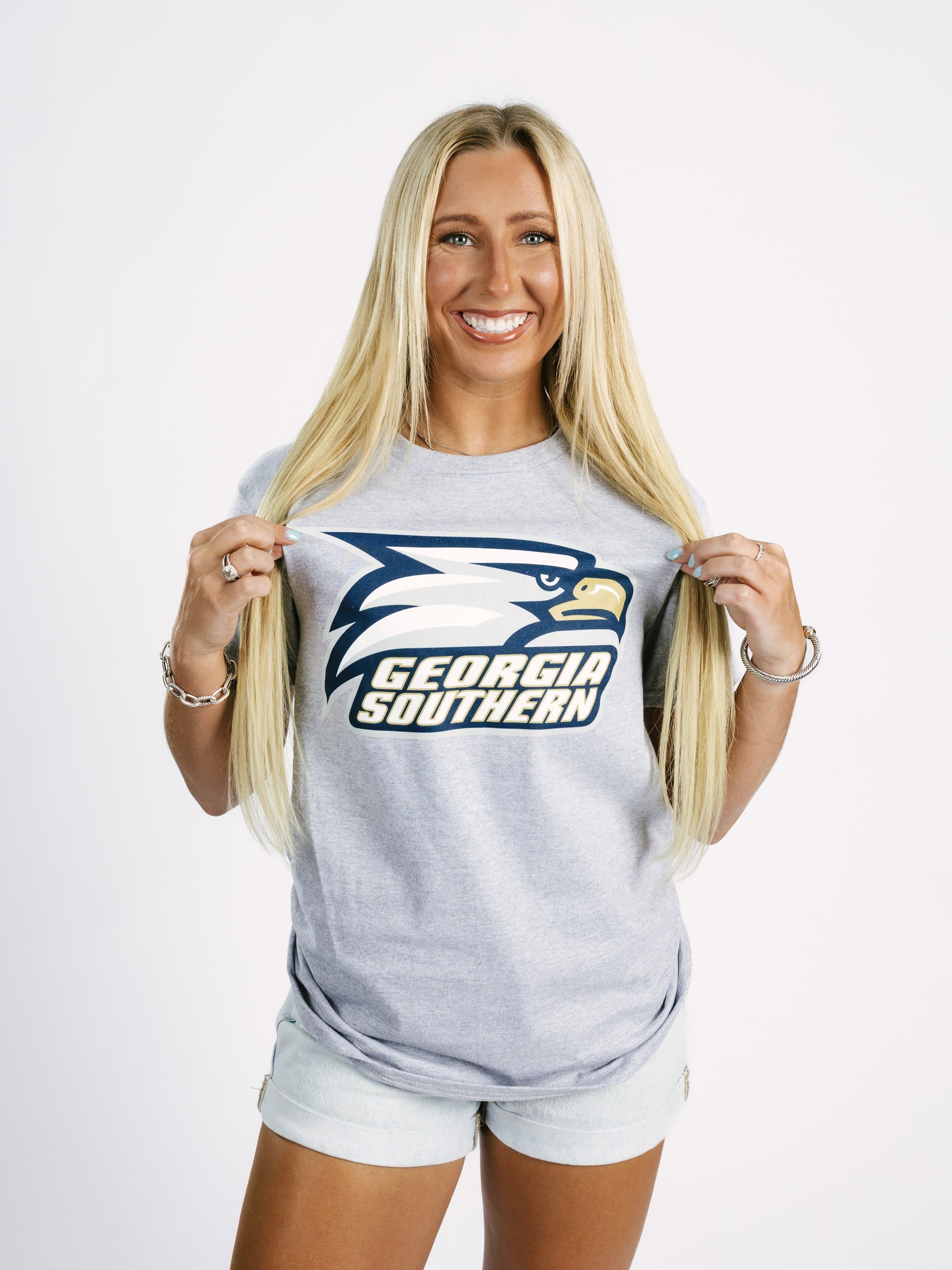 Grey Georgia Southern men's T-shirt featuring a bold eagle head graphic by Arena Graffiti, casual and stylish for fans.