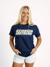 Navy Georgia Southern men's T-shirt by Arena Graffiti with Georgia Southern logo and text, casual cotton crewneck shirt.