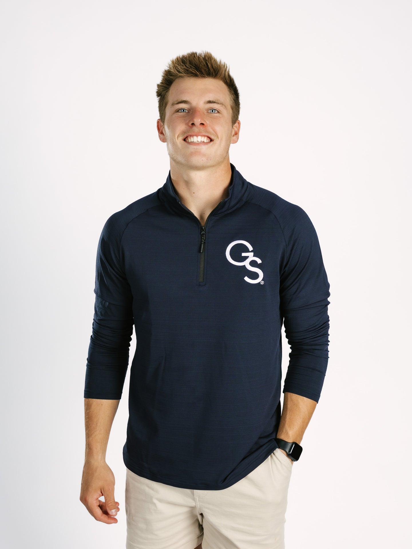 Georgia Southern men's navy 1/4 zip sweatshirt by Arena Graffiti with "GS" logo, made of comfortable athletic fabric.