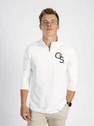 Georgia Southern men's white 1/4 zip athletic pullover by Arena Graffiti, featuring the "GS" logo on the front.