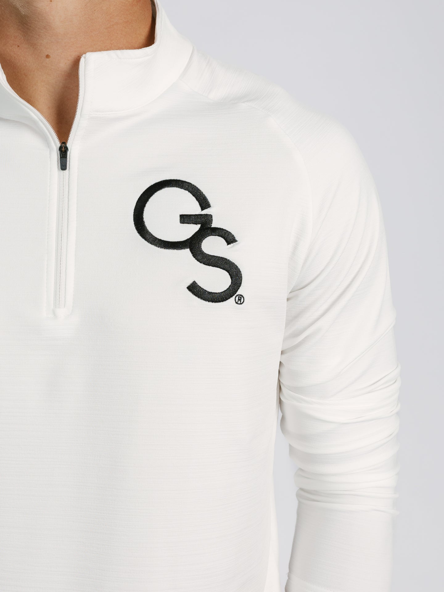 Georgia Southern men's white 1/4 zip sweatshirt by Arena Graffiti, featuring the "GS" logo on the front.