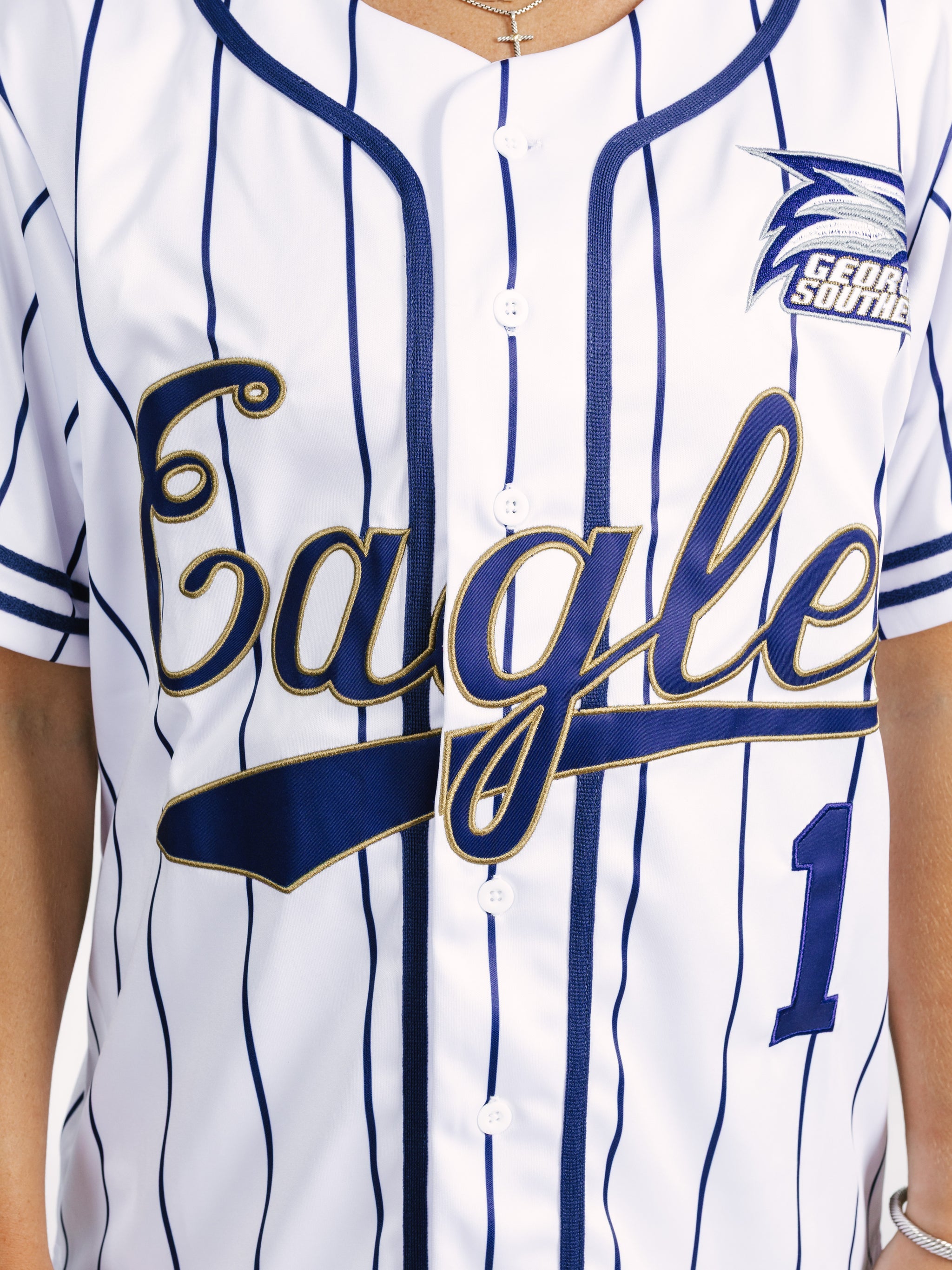 Georgia Southern Men's Pinstripe Eagles baseball jersey by Arena Graffiti, featuring team logo and pinstripe design.
