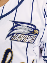 Georgia Southern men's pinstripe Eagles baseball jersey by Arena Graffiti, featuring team logo and classic sports style.