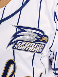 Georgia Southern men's pinstripe Eagles baseball jersey by Arena Graffiti, featuring team logo and classic sports style.