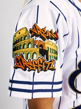 Georgia Southern men's Pinstripe Eagles baseball jersey by Arena Graffiti, featuring navy and white pinstripe design and team logo.