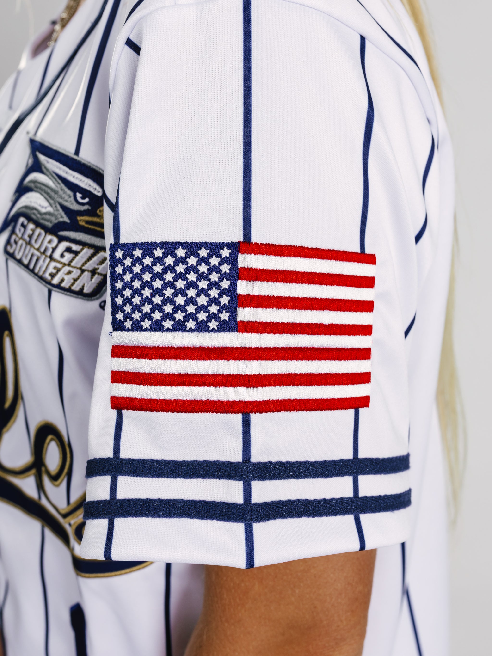 Georgia Southern Men's Pinstripe Eagles baseball jersey by Arena Graffiti, featuring team logo and pinstripe design on fabric