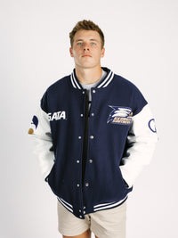 Georgia Southern men's varsity letterman jacket by Arena Graffiti, featuring team emblem and striped cuffs on a navy background.
