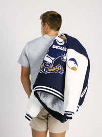 Georgia Southern men's varsity letterman jacket by Arena Graffiti with striped cuffs and embroidered school emblem.