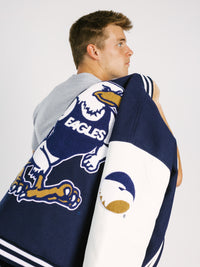 Georgia Southern Men's Varsity Strutter Letterman Jacket by Arena Graffiti, navy blue with white and gold accents, front view.