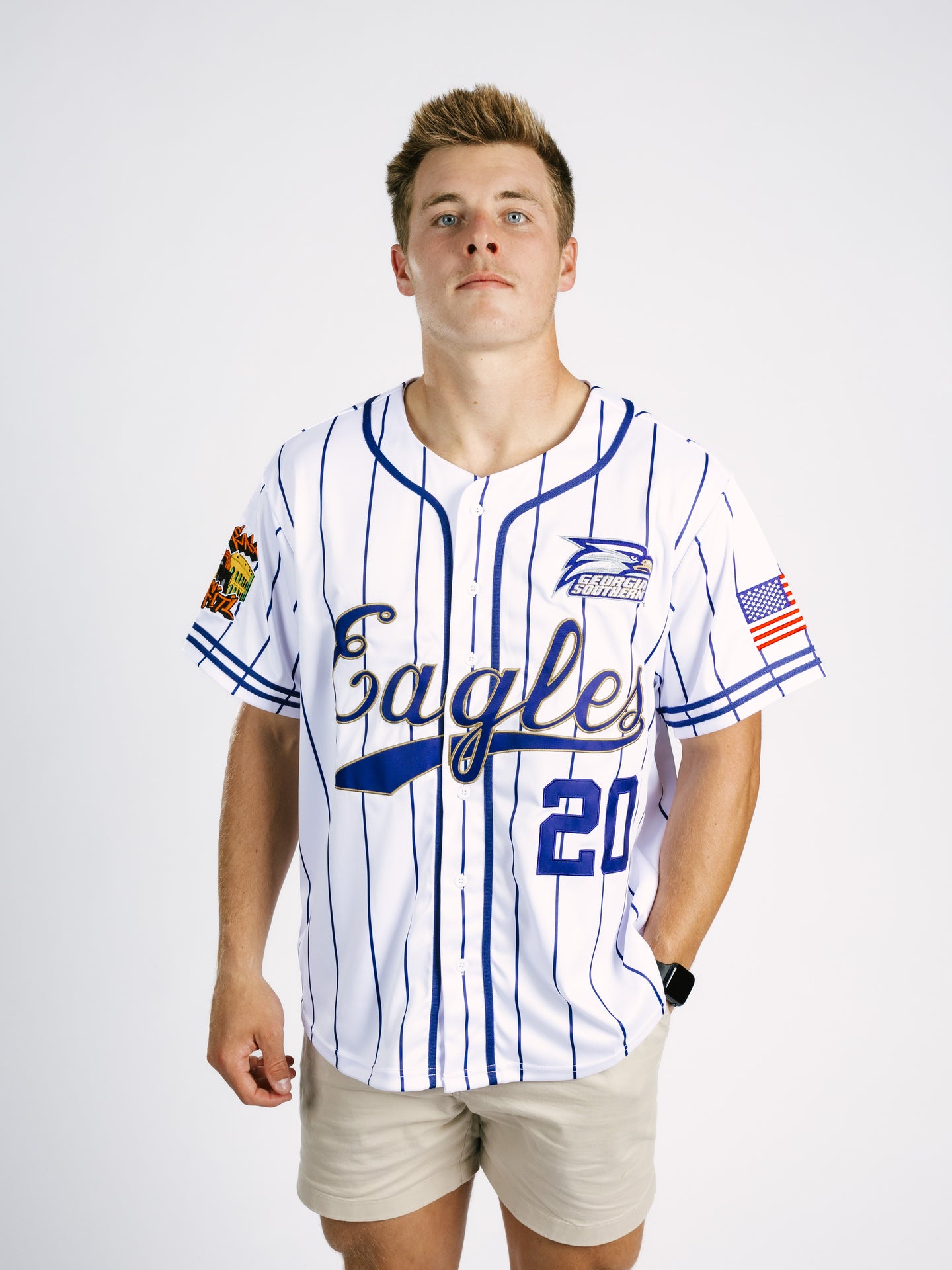 Georgia Southern men's pinstripe Eagles baseball jersey by Arena Graffiti, featuring team logo and classic athletic design.