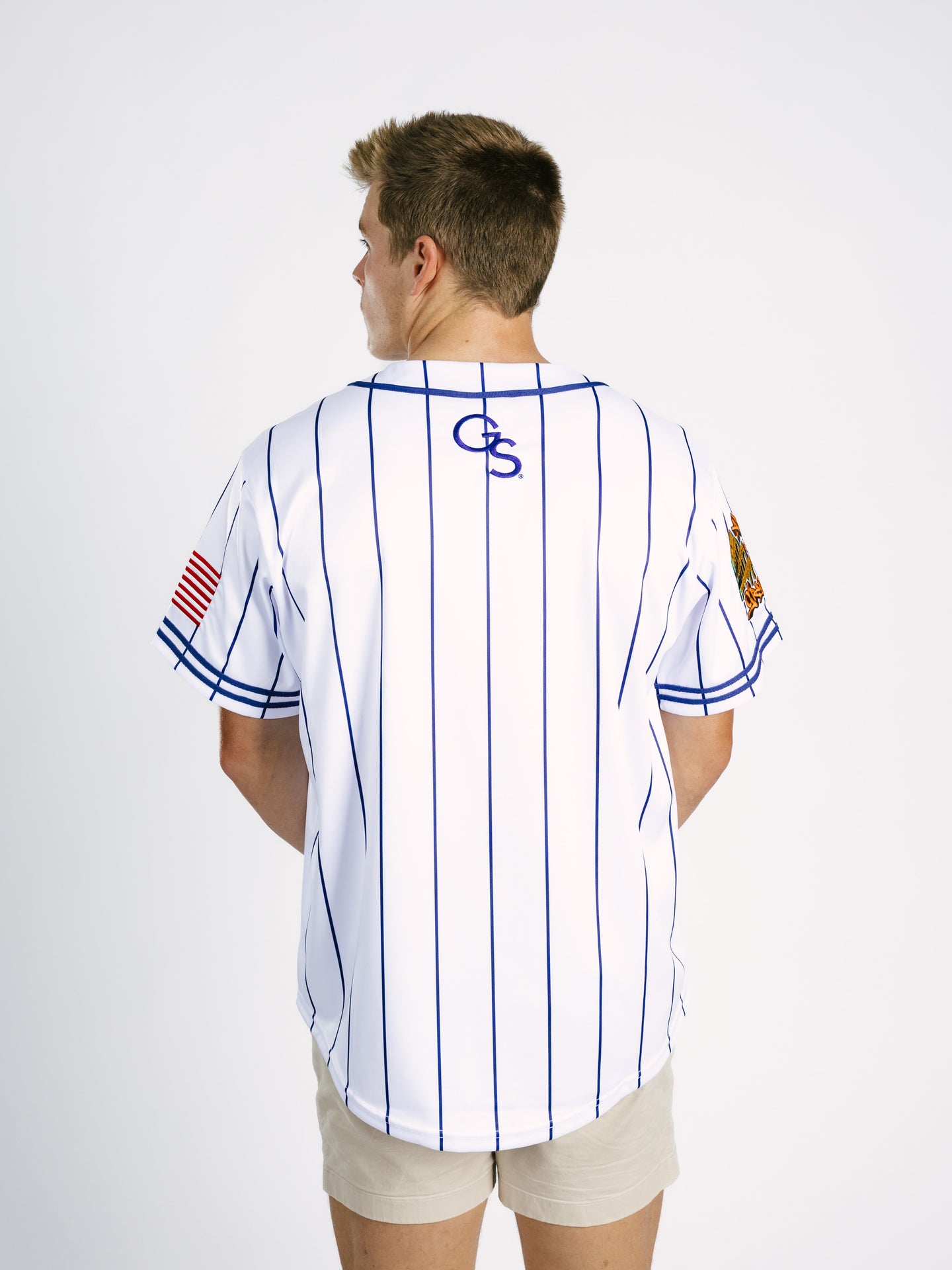 Georgia Southern Men's Pinstripe Eagles baseball jersey by Arena Graffiti, featuring team logo and classic pinstripe design.
