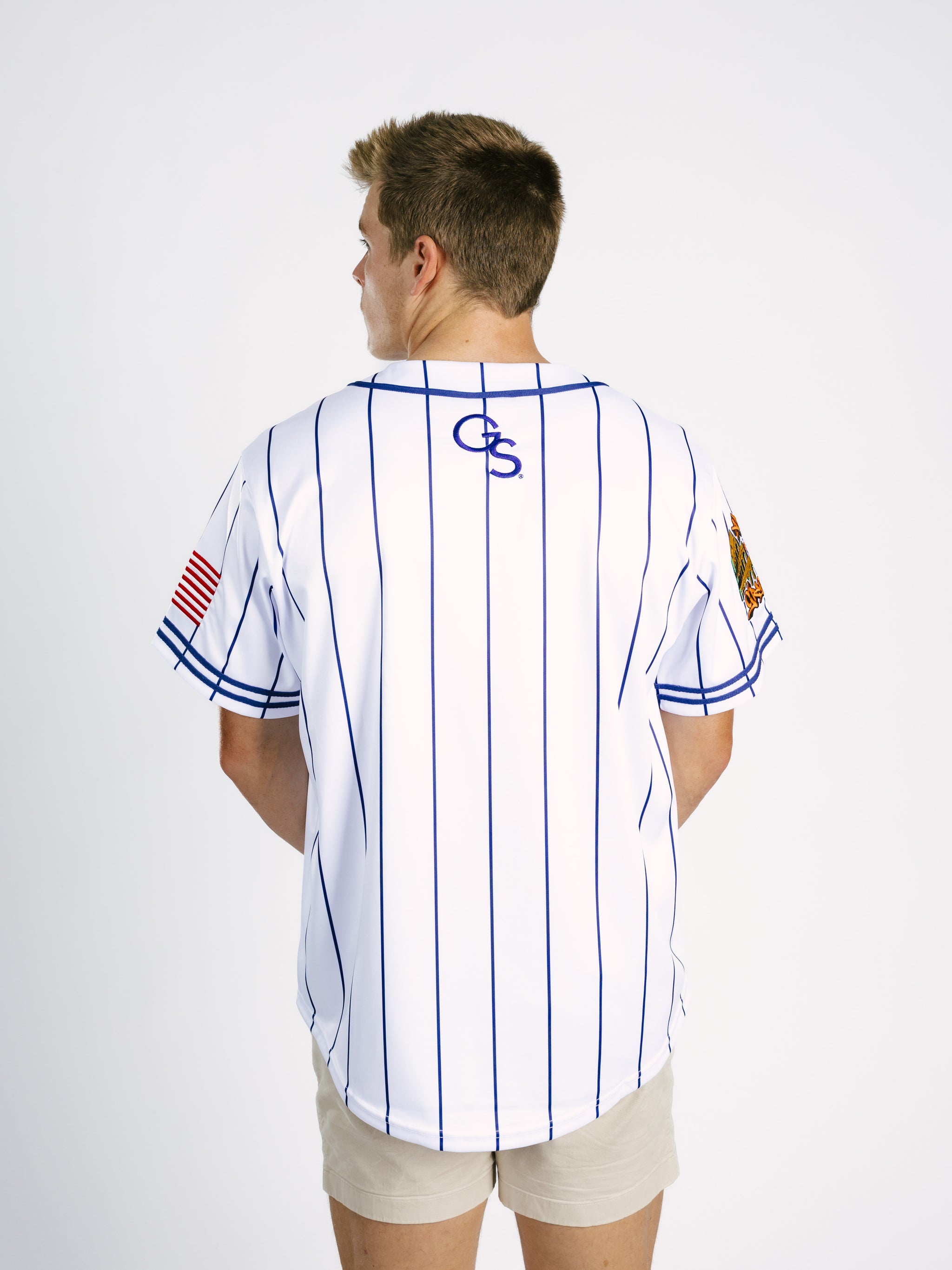 Georgia Southern Men's Pinstripe Eagles baseball jersey by Arena Graffiti, featuring team logo and classic pinstripe design.