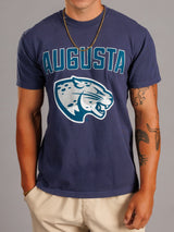 Navy Augusta University men's T-shirt featuring the "Augusta Jag Head" logo, by Arena Graffiti, displayed on a white background.
