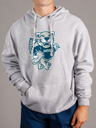 Grey hoodie for men featuring Augusta University "Walking Jag" logo, made by Arena Graffiti, casual and comfortable athletic wear