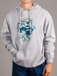 Grey hoodie for men featuring Augusta University "Walking Jag" logo, made by Arena Graffiti, casual and comfortable athletic wear