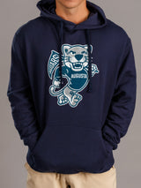 Men's navy hoodie featuring Augusta University "Walking Jag" logo by Arena Graffiti, casual athletic wear with front pocket and drawstrings.