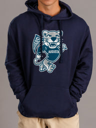 Men's navy hoodie featuring Augusta University "Walking Jag" logo by Arena Graffiti, casual athletic wear with front pocket and drawstrings.