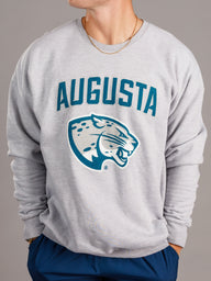 Grey Augusta University men's crewneck sweatshirt with "Augusta Jag Head" graphic by Arena Graffiti, casual sportswear.