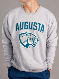 Grey Augusta University men's crewneck sweatshirt with "Augusta Jag Head" graphic by Arena Graffiti, casual sportswear.