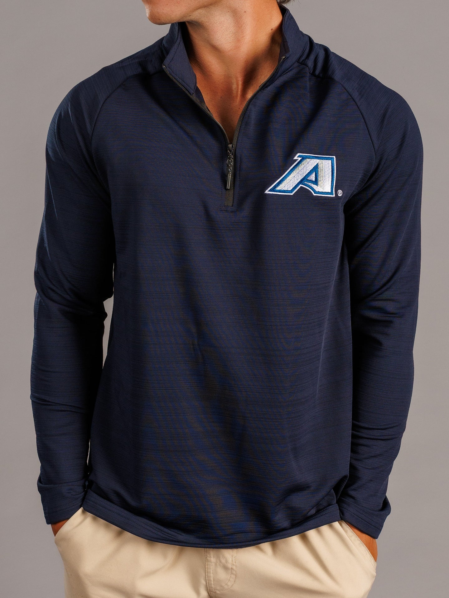 Men's navy quarter zip sweatshirt by Arena Graffiti with Augusta University "A" logo on the chest.