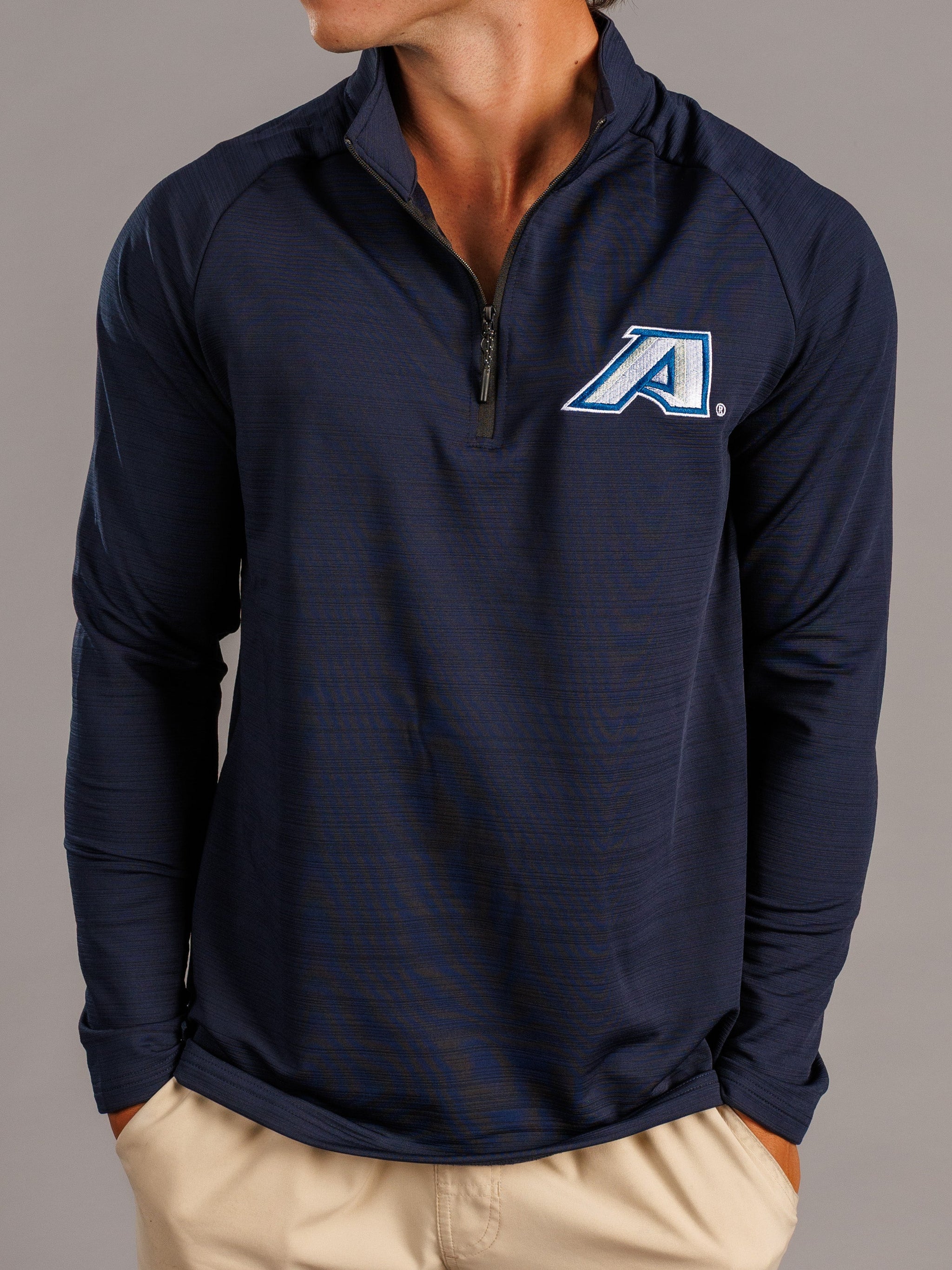 Men's navy quarter zip sweatshirt by Arena Graffiti with Augusta University "A" logo on the chest.
