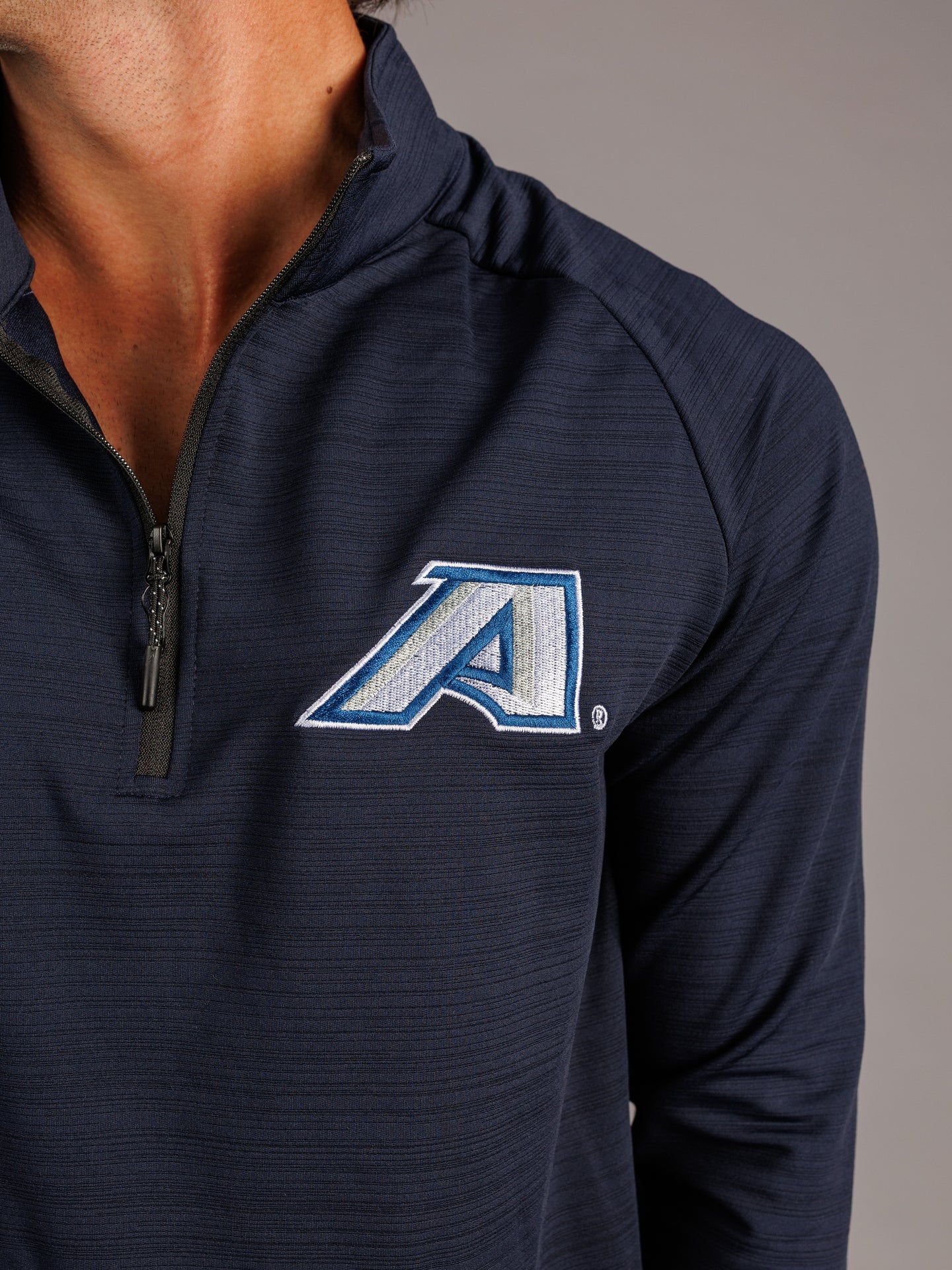 Men's navy quarter zip sweatshirt by Arena Graffiti featuring Augusta University "A" logo and comfortable athletic fit.