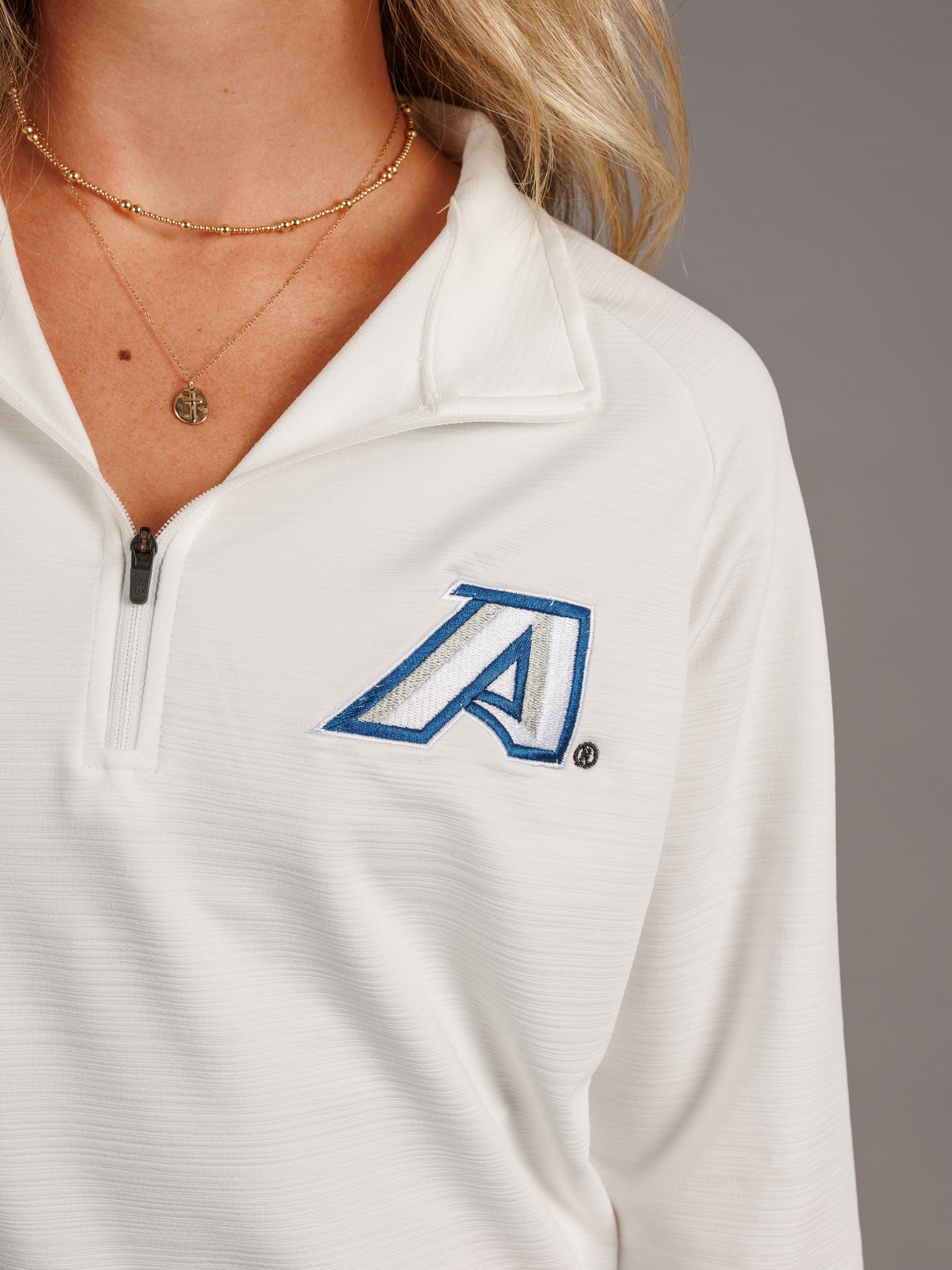 Arena Graffiti Augusta University men's white quarter zip top with the letter "A" logo on the chest.