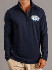 Men's navy quarter zip sweatshirt with "Jag Head" logo from Arena Graffiti, part of Augusta University men's apparel collection.