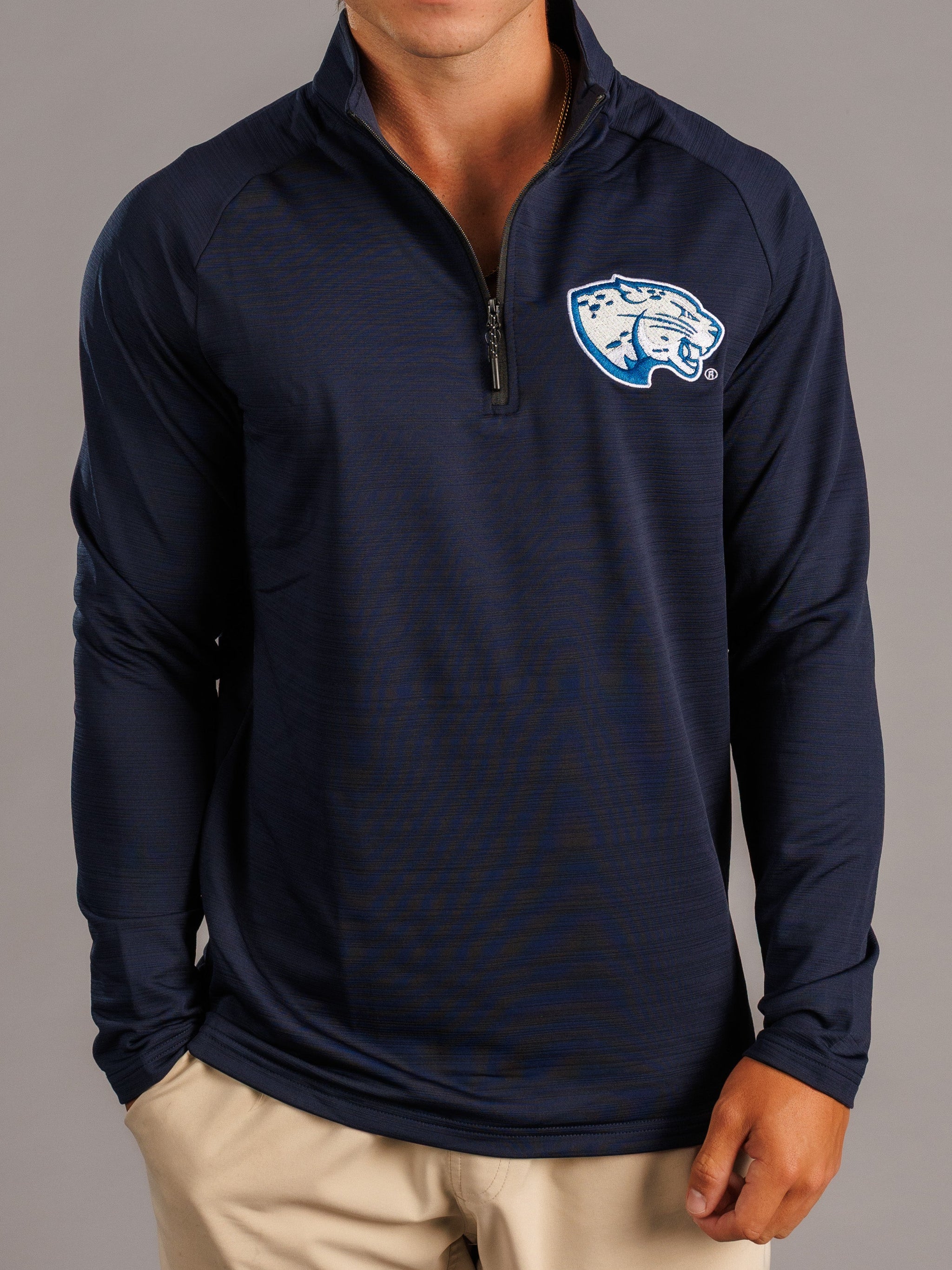 Men's navy quarter zip sweatshirt with "Jag Head" logo from Arena Graffiti, part of Augusta University men's apparel collection.