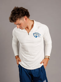 Arena Graffiti Augusta University men's white quarter zip with "Jag Head" logo, comfortable athletic apparel for university fans.