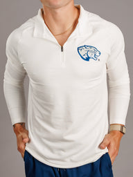 Arena Graffiti Augusta University men's white "Jag Head" quarter zip sweatshirt, featuring university logo and comfortable design.