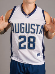 Augusta University men's basketball jersey by Arena Graffiti, 28, navy blue with white and gold accents, displayed on a hanger.