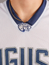 Augusta University men's basketball jersey by Arena Graffiti, navy blue with white number 28 and university logo on front.